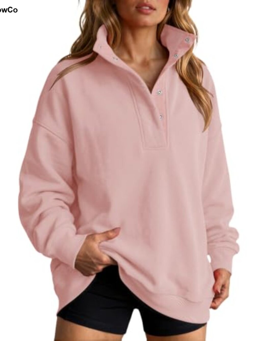 Women's Button Mock Neck Oversized Sweatshirt Pullover Cotton Poly Long Sleeve